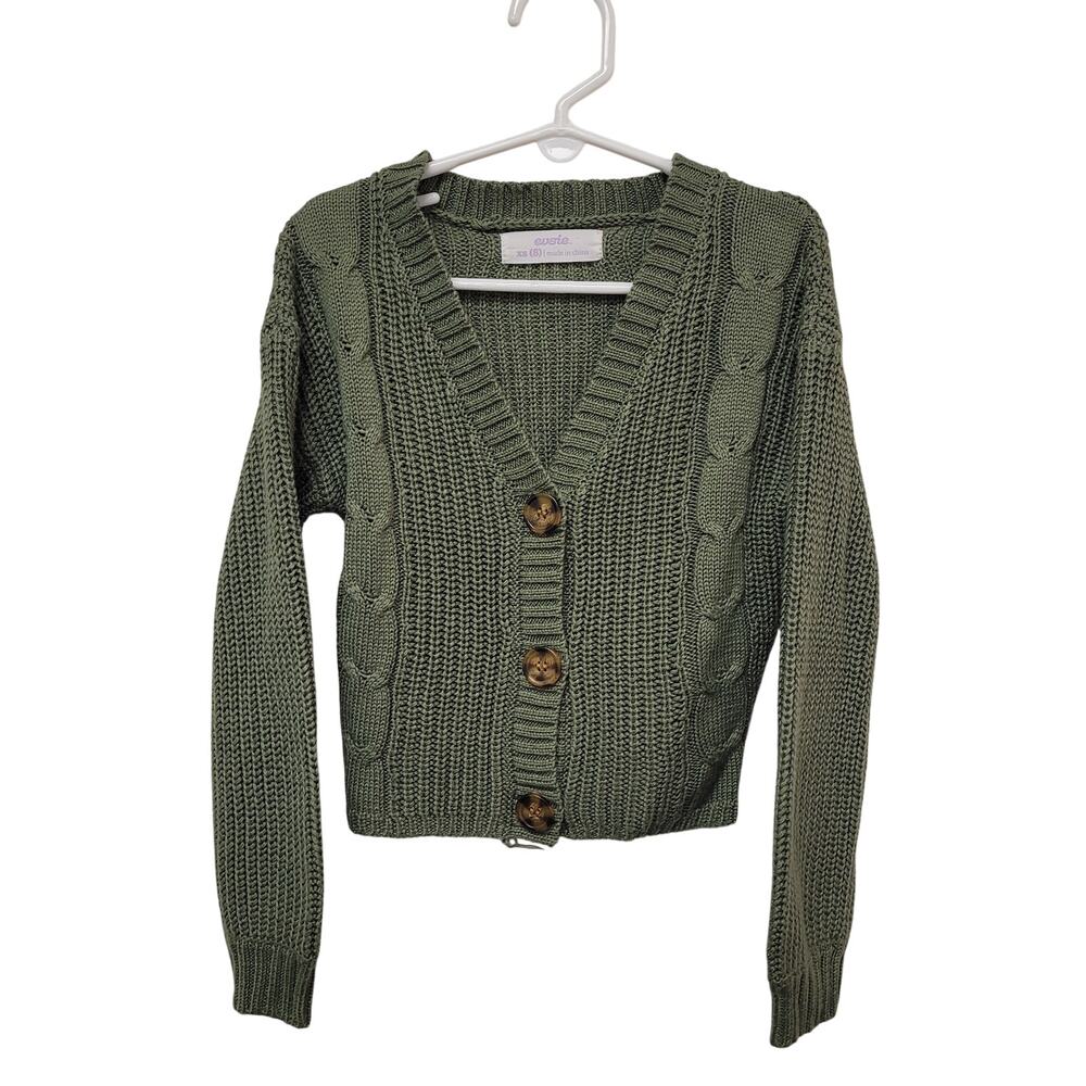 Evsie Girls Size XS Green Chunky Knit Cardigan XS Button Front Cottagecore